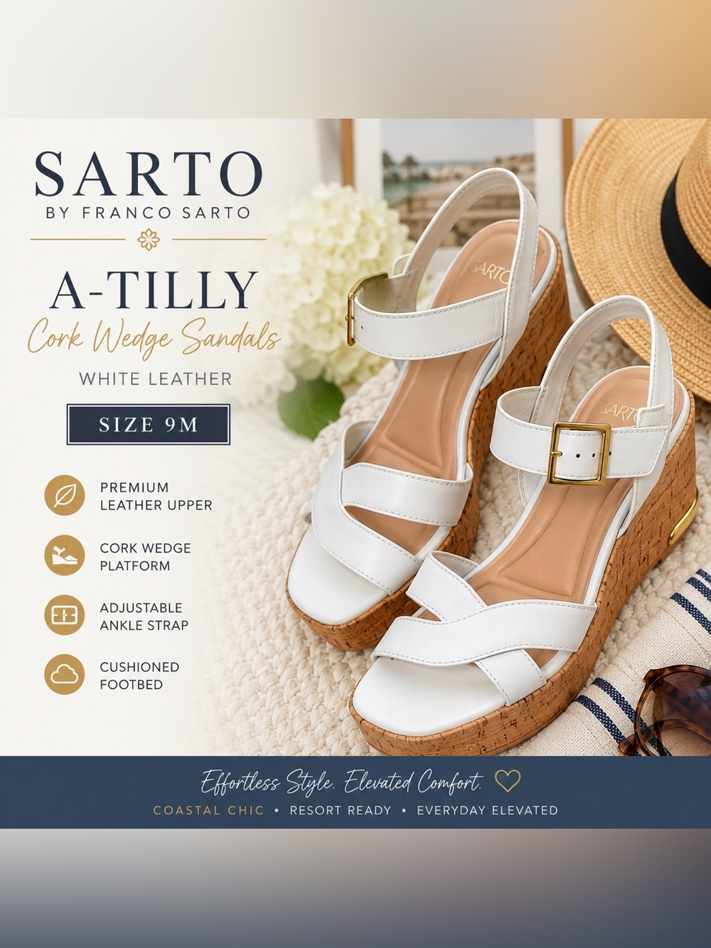 SARTO by Franco Sarto A-Tilly White Leather Cork Wedge Sandals Size 9